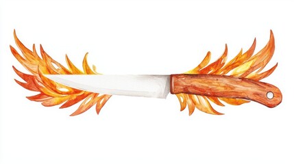 Artistic knife surrounded by vibrant flame-inspired leaves, symbolizing culinary passion and creativity.