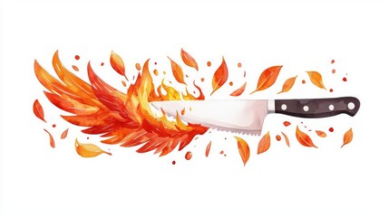 A vibrant illustration of a knife surrounded by flames and autumn leaves, symbolizing cooking creativity and warmth.