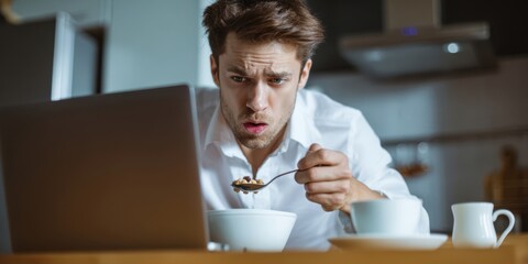 The man enjoying breakfast while engaging intensely with his laptop.
