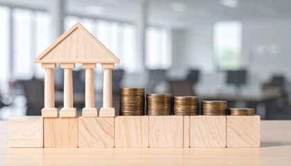 A conceptual image of a bank building made of wooden blocks, with stacks of coins indicating financial growth