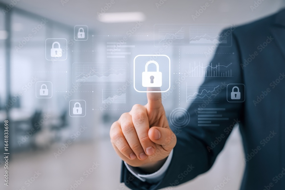 Poster businessman activating digital security interface with finger, displaying padlock icons for cybersec