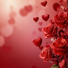Valentines hearts and roses on red to pink gradient background