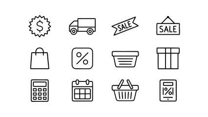 Vector art of collection of shopping and retail icons featuring sale tags, shopping bags, delivery truck, gift box, calculator, and shopping basket, isolated