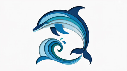 Obraz premium Paper Cut Dolphin with Ocean Wave Illustration in Blue Tones on White Background Representing Marine Life Conservation and Artistic Design