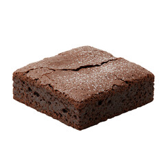 A perfectly baked, decadent chocolate brownie with a rich, dark brown, cracked top and crisp edges, delicately dusted with brilliant white powdered sugar, on a transparent seamless background with