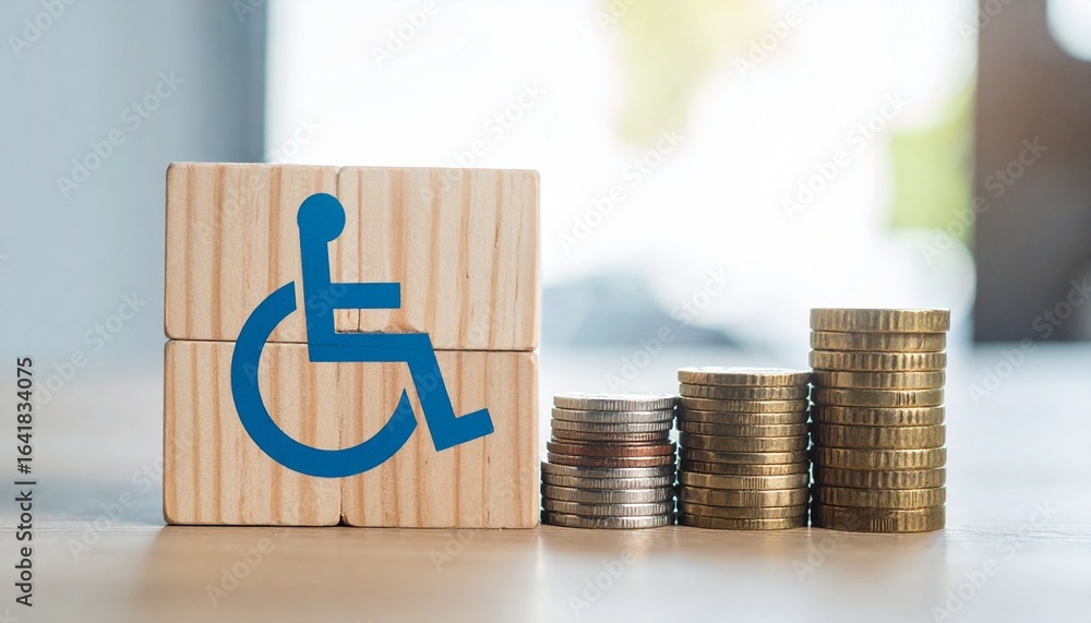 Poster concept of financial aid for disabled person in this photo. the image features stacked coins, accomp
