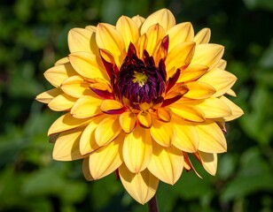 Vibrant yellow-maroon dahlia bloom