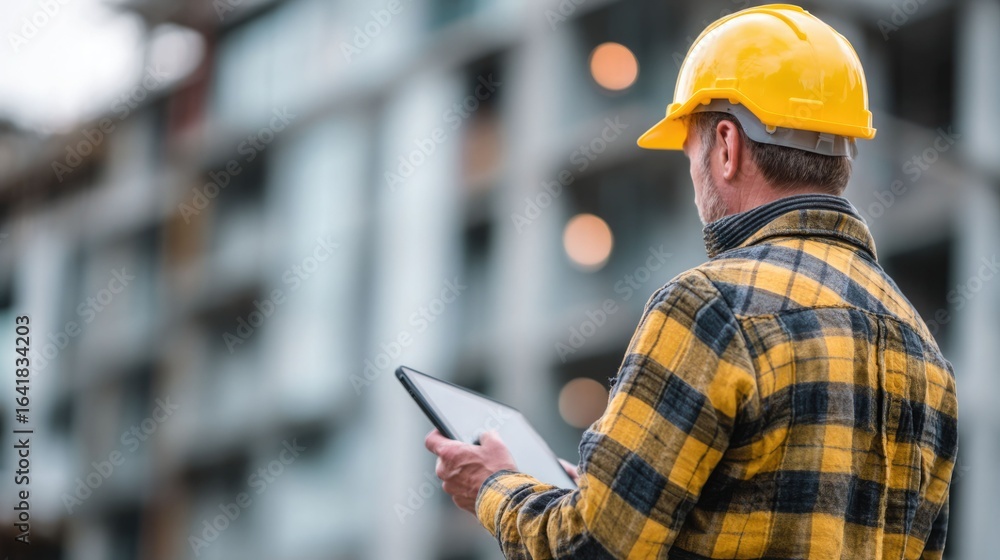 Poster civil engineer or architect with hardhat on construction site checking schedule on tablet computer
