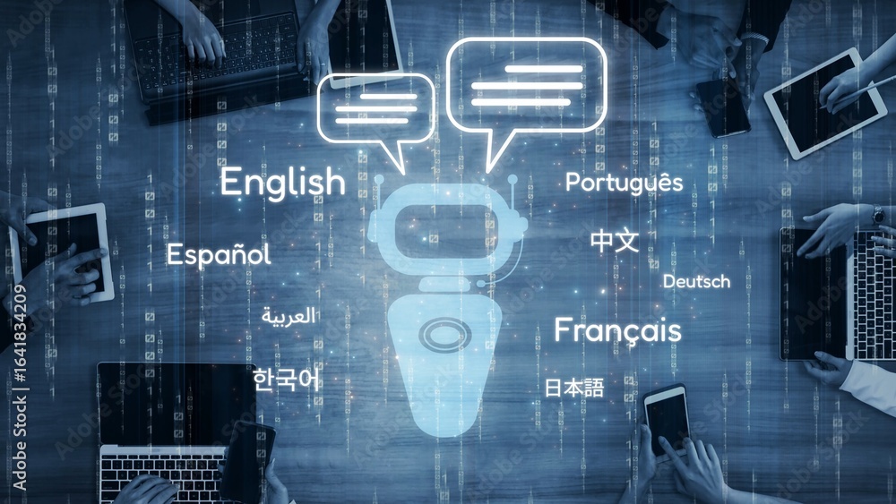Poster global communication with multiple languages, digital translation tools, multilingual technology, cr