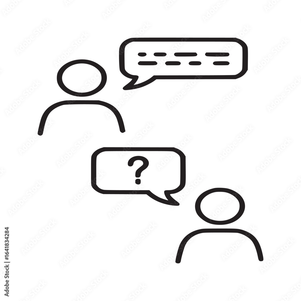 Poster two figures exchanging dialogue with speech bubbles one containing a question mark icon symbol