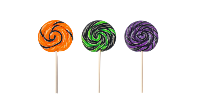 Three colorful swirl lollipops isolated on transparent background