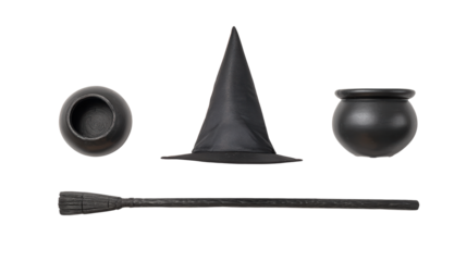 Witchs hat, broom, and cauldrons isolated on transparent background