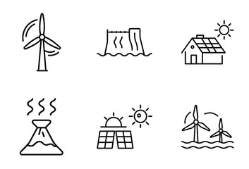Renewable Energy Line Icons Set, Solar, Wind, Hydro, Geothermal, Clean Power Vector