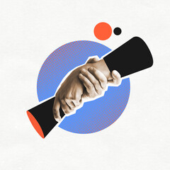 Bright collage in paper style. Hands wrap around each other.