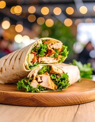 Two grilled chicken wraps sliced in half, filled with lettuce and tomato, rest on a wooden board