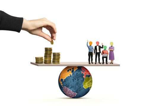 Competition and wages in the global labor market. Art collage.