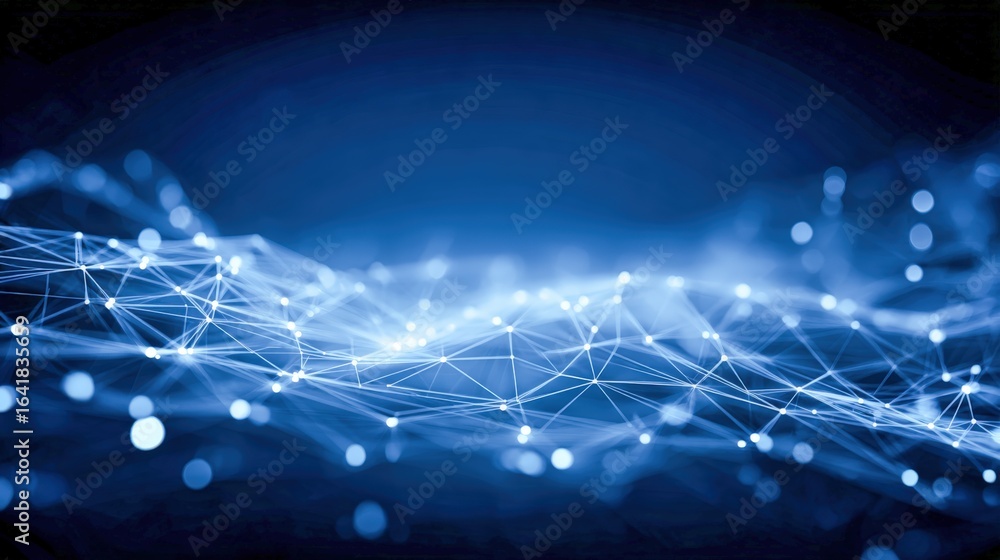 Poster abstract blue network visualization: futuristic connection with data points and nodes for technology