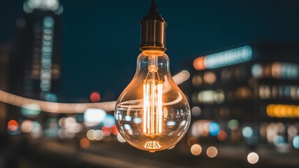 Warm vintage Edison bulb glows brightly illuminating a vibrant city night with bokeh lights