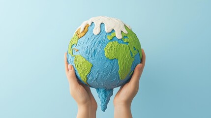 Hands holding a colorful globe, representing climate change and global warming with melting ice.