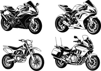 Obraz premium Motorcycle silhouettes collection, sportbike, dirt bike, touring motorcycle, vector illustration set, black and white design, motorbike clipart for graphic design projects