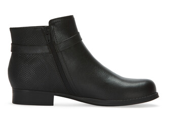 Side view of a sleek black ankle boot with a textured finish and zipper detail, designed for...