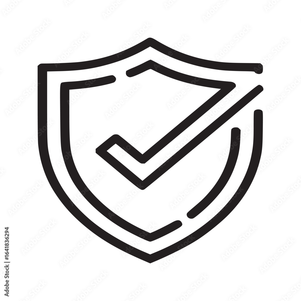 Poster a simple black and white line drawing of a shield with a check mark inside on a light gray backgroun