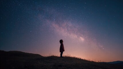Fototapeta premium Silhouette of a Child Gazing at the Milky Way Galaxy: Dreamy Night Sky Landscape