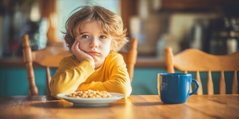 The thoughtful child waiting for breakfast in a cozy kitchen setting.