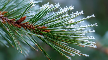 Frosted pine branch glistens in winter light.