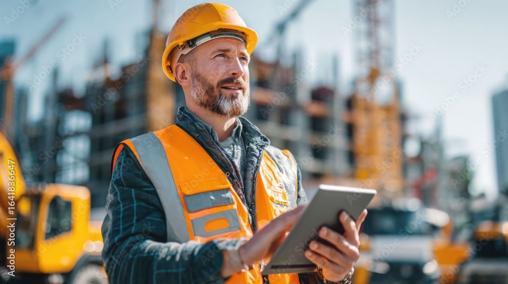 Poster civil engineer or architect with hardhat on construction site checking schedule on tablet computer