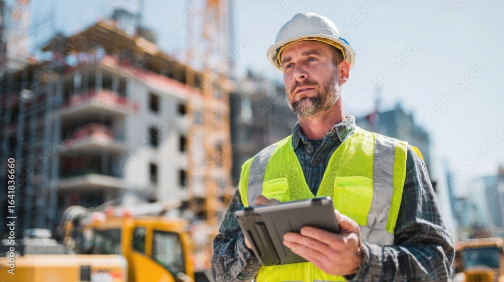 Aufkleber civil engineer or architect with hardhat on construction site checking schedule on tablet computer