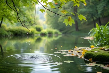 Naklejka premium tranquil forest pond with water ripple and autumn leaves