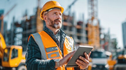 civil engineer or architect with hardhat on construction site checking schedule on tablet computer	