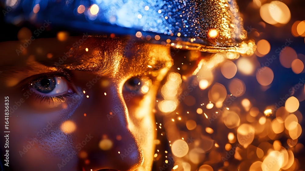 Poster close up portrait with dramatic golden bokeh light effects and sparkles creating magical atmosphere 