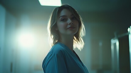 Young Caucasian woman in blue dress smiling confidently in dark corridor with dramatic cinematic lighting and moody teal color grading, hair flowing in motion.