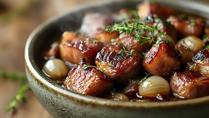 Caramelized pork belly chunks with pearl onions and fresh thyme served in rustic ceramic bowl, close-up shot showing glossy meat texture and aromatic herbs.