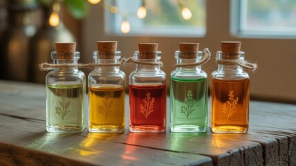 Discover vibrant essential oils in decorative glass bottles, perfect for aromatherapy and natural wellness.