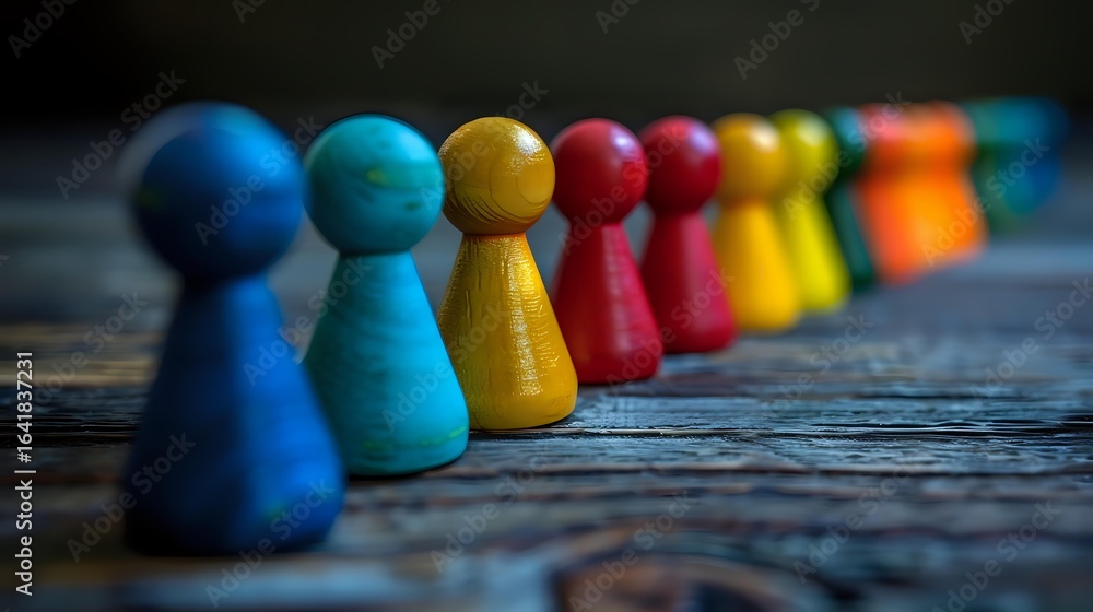 Poster colorful wooden game pieces lined up in diagonal row on rustic wood surface with selective focus and