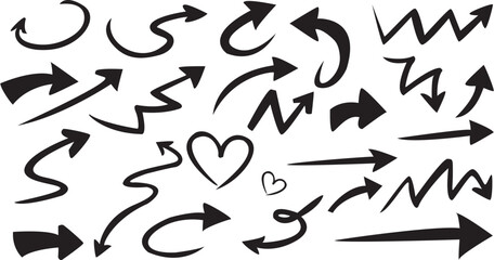Hand-Drawn Arrow and Heart Doodle Set – Curved, Zigzag, Loop Designs for Graphics