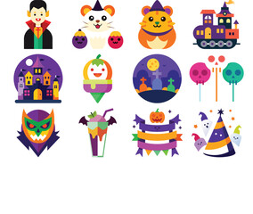 Fototapeta premium Halloween Cute Cartoon Vector Set – Vampire, Haunted House, Ghosts, Spooky Food, and Party Elements