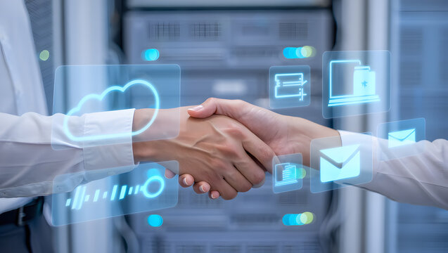 Secure Cloud Computing Partnership Agreement Handshake Demonstrating Data Security Compliance and Technology Integration Across Modern Infrastructure with Business Applications