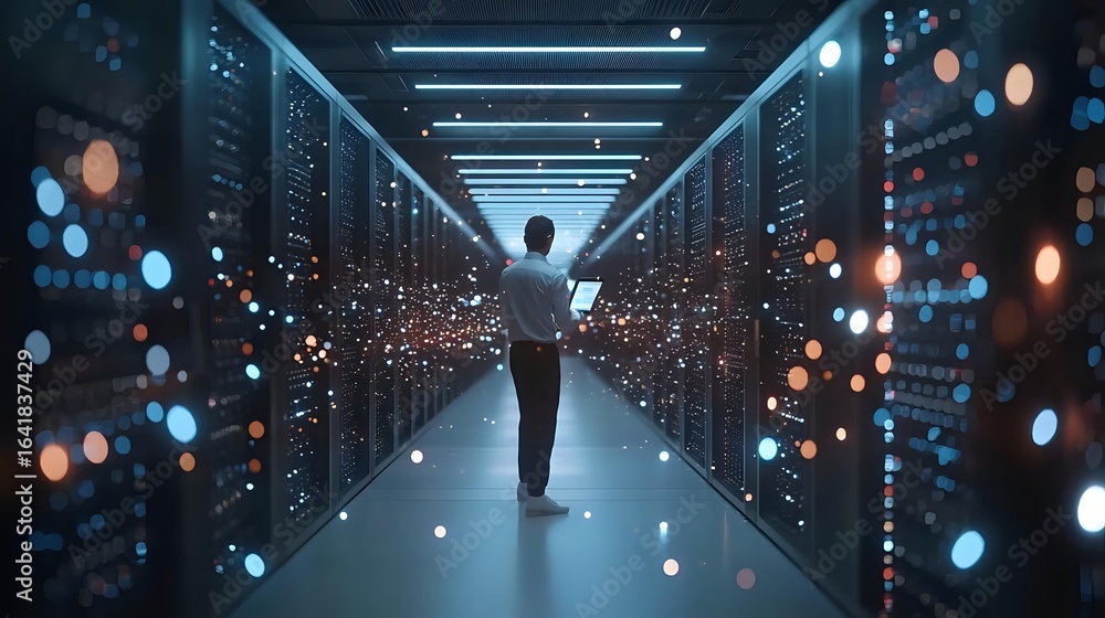 Poster person standing in modern data center server room with glowing lights and bokeh effects creating fut