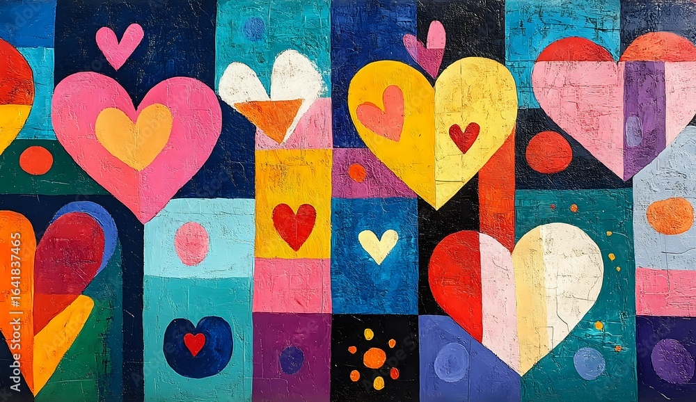 Poster colorful hearts pattern on geometric background with vibrant squares and circles in retro style. abs