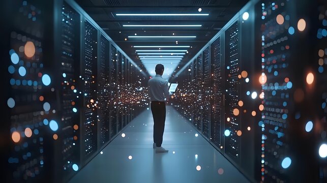 Person standing in modern data center server room with glowing lights and bokeh effects creating futuristic atmosphere for technology and cloud computing concepts. - Powered by Adobe