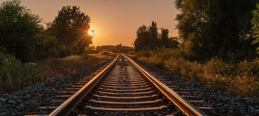 Fototapeta premium The serene railway track at sunset through a beautiful natural landscape