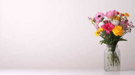 Fototapeta premium A vibrant bouquet of assorted flowers in a clear glass vase against a soft background, perfect for use in home decor, floral design, or marketing materials related to beauty and nature,