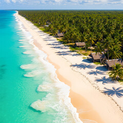 Naklejka premium Sunny paradise beach in Thailand with turquoise sea, palm trees, and a lone umbrella.