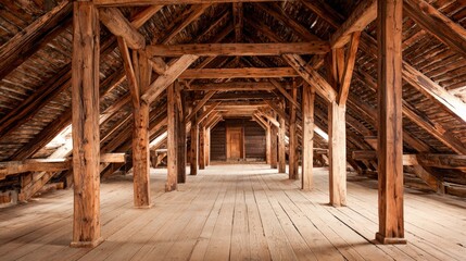 Spacious Attic Interior Featuring Exposed Wooden Beams, Rafters, and Flooring in a Vintage Style