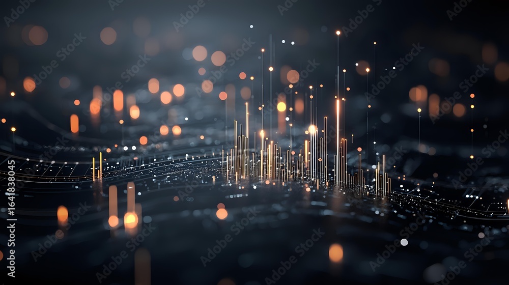 Poster glowing digital network lines rising upward with orange bokeh lights on dark background, representin