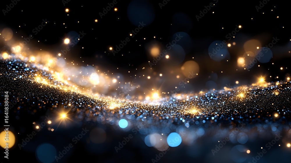 Poster abstract glowing particles and bokeh lights creating magical wave pattern against dark background, c